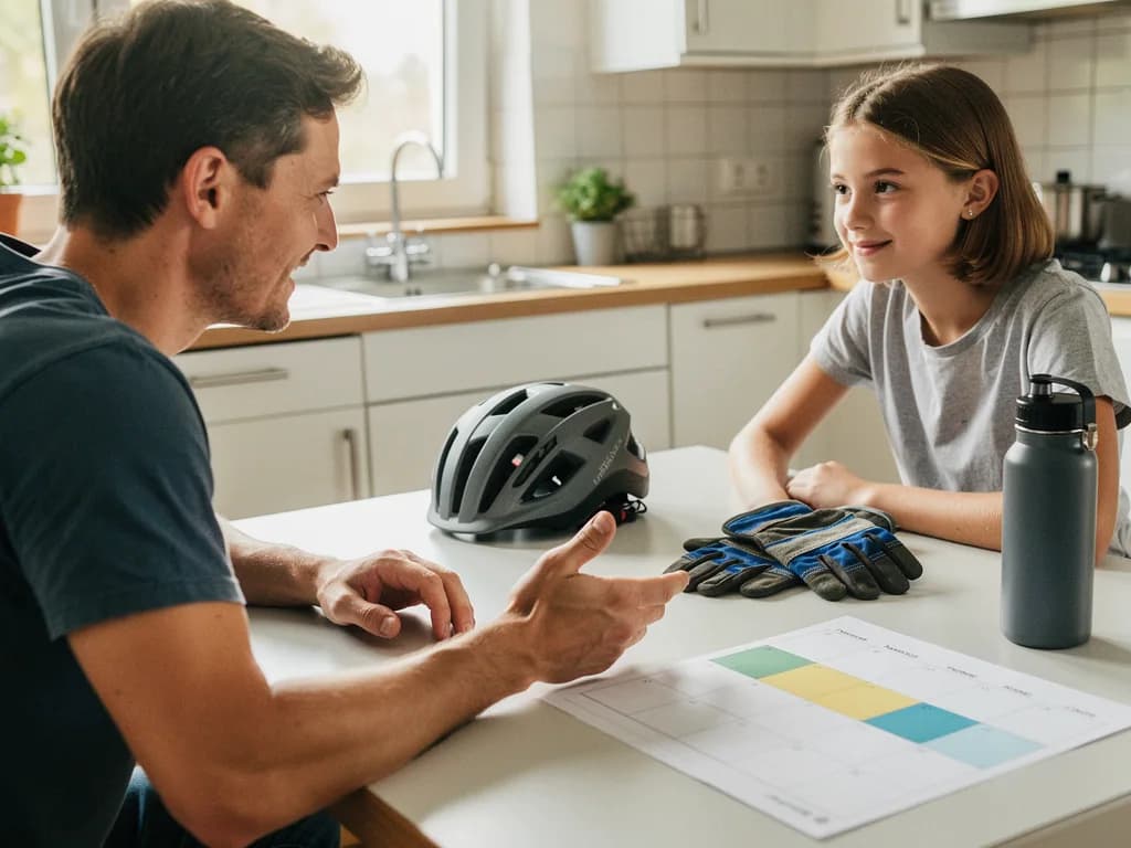 Vater und Teenagerin planen am Küchentisch einen Ferienjob; Helm, Handschuhe, Trinkflasche und Wochenplan liegen bereit.