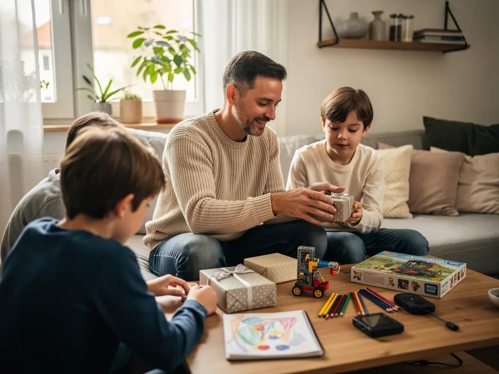 Vater und zwei Kinder sitzen im Wohnzimmer am Tisch mit Geschenken, Spielzeug, Stiften und einem Gesellschaftsspiel.