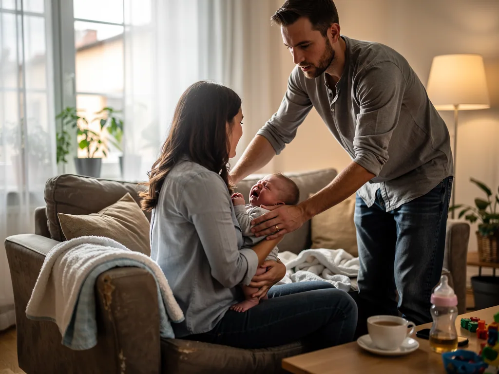 Vater unterstützt Mutter auf dem Sofa beim Beruhigen eines weinenden Babys im Wohnzimmer.