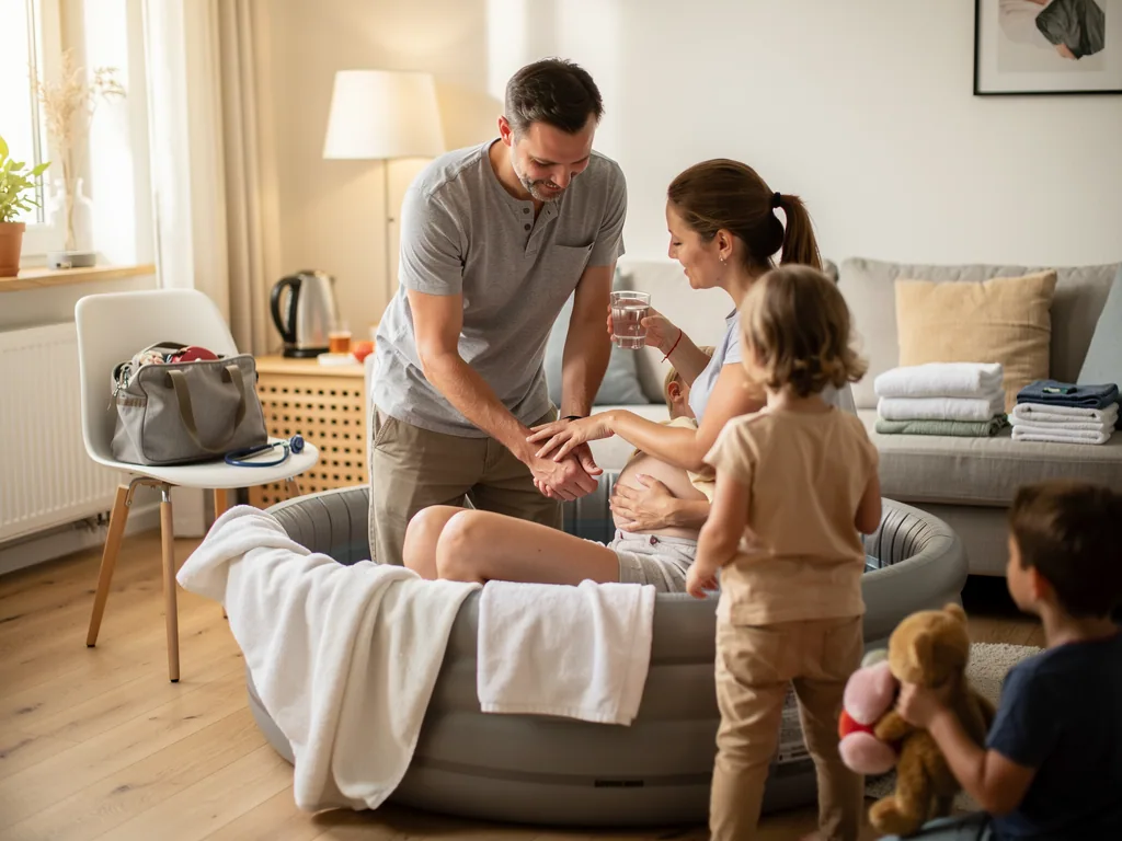 Vater unterstützt Schwangere im Gebärpool zu Hause, Kinder und vorbereitete Hebammentasche im Wohnzimmer.
