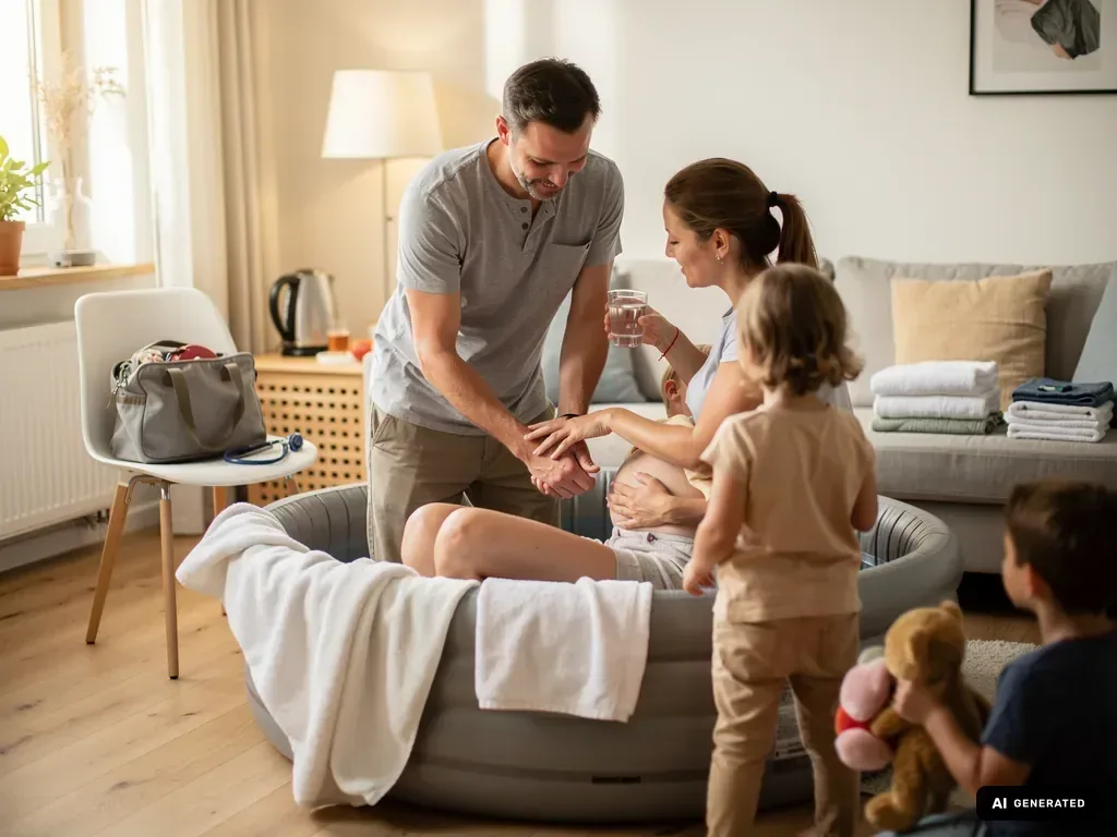 Vater unterstützt Schwangere im Gebärpool zu Hause, Kinder und vorbereitete Hebammentasche im Wohnzimmer.