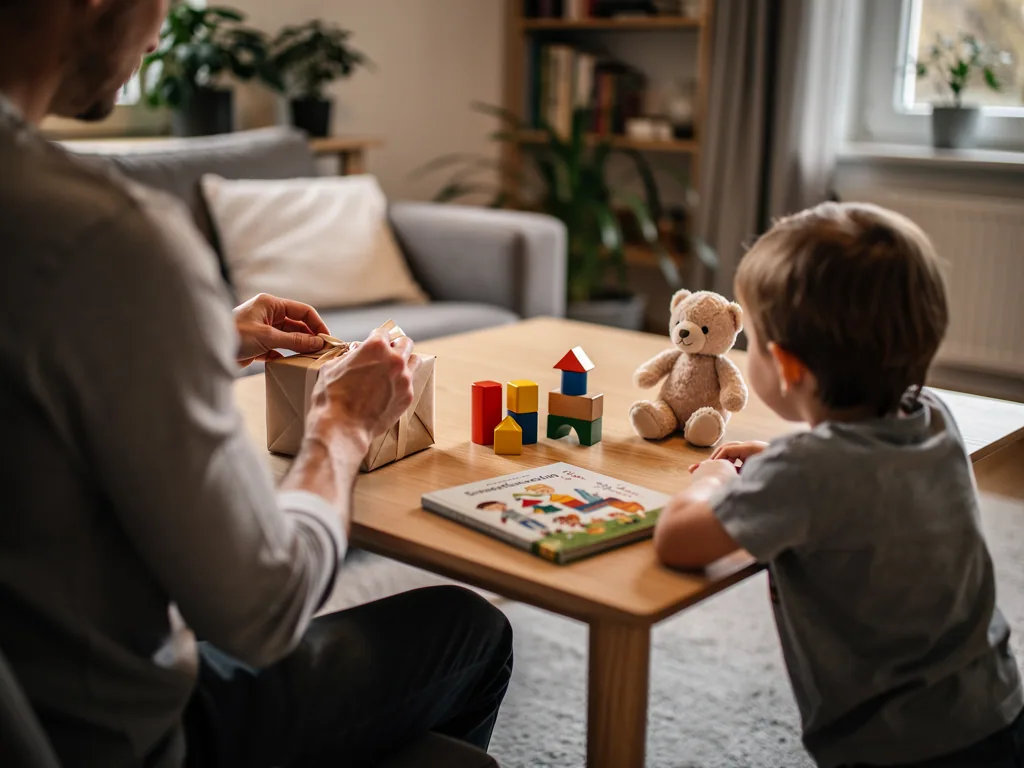 Vater verpackt ein Geschenk, während ein Kind am Tisch mit Bauklötzen, Teddy und Bilderbuch wartet.