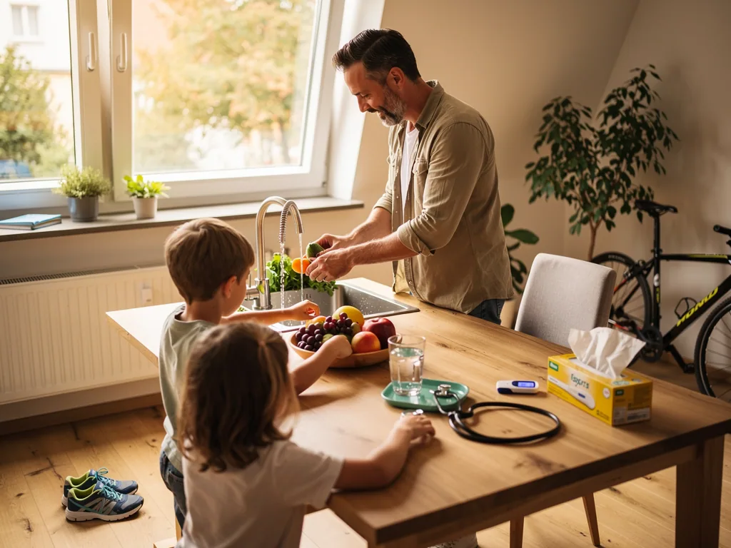 Vater wäscht Gemüse in der Küche, zwei Kinder sitzen am Tisch mit Obst, Fieberthermometer und Stethoskop.