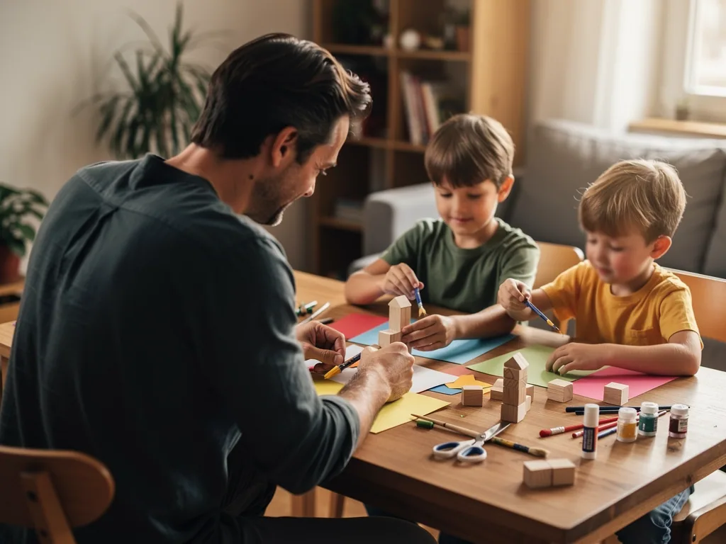 Vater werkt mit zwei Kindern am Tisch mit Holzklötzen, Papier, Pinseln, Schere und Farben.