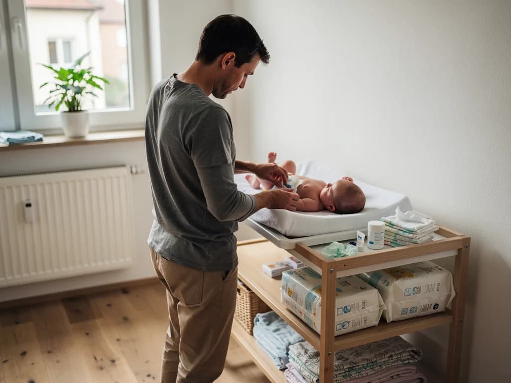 Vater wickelt ein Baby auf einer Wickelkommode neben Windelpackungen, Tüchern und Pflegezubehör.