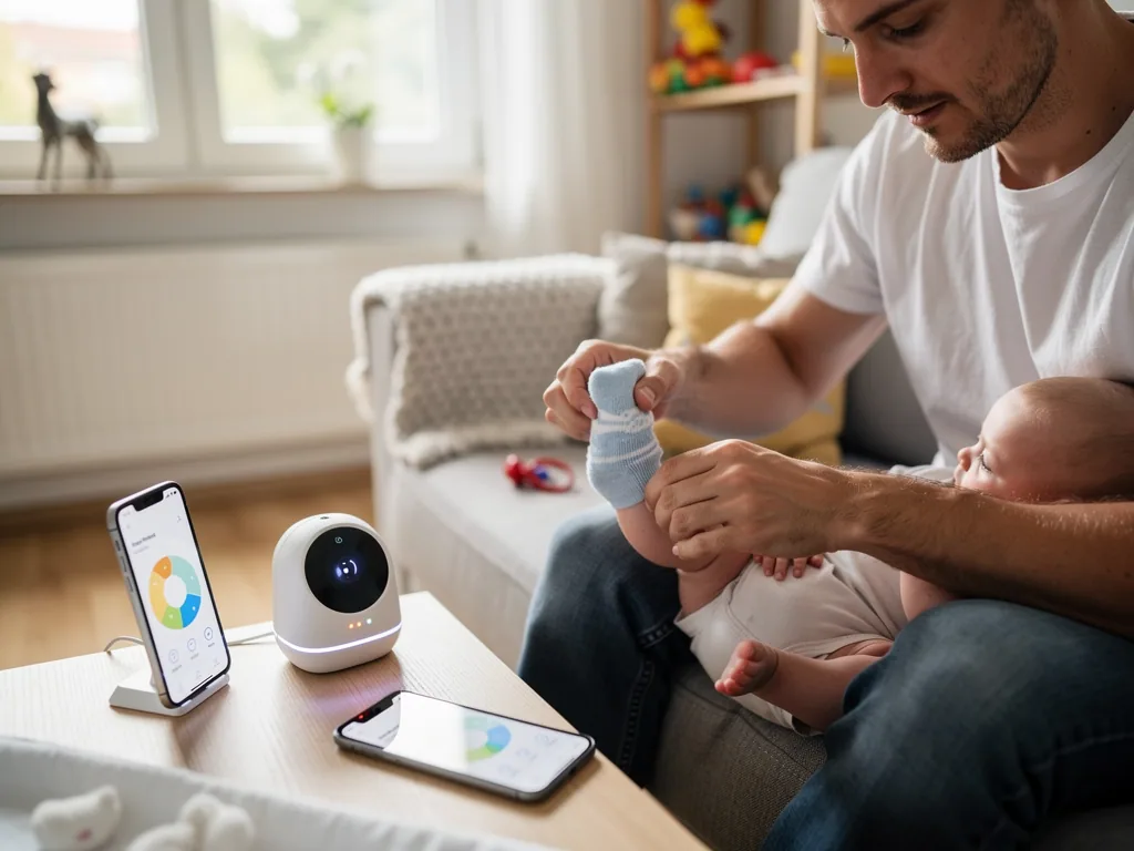 Vater zieht Baby auf dem Sofa eine blaue Smart Sock an; daneben Kamera und Smartphone mit Owlet-App.