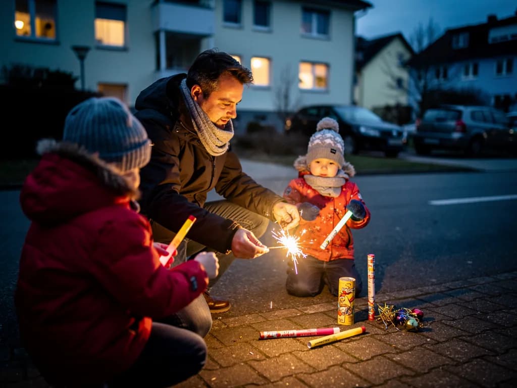 Vater zündet mit zwei Kindern auf dem Gehweg Wunderkerzen und Kinderfeuerwerk in einer Wohnstraße an.