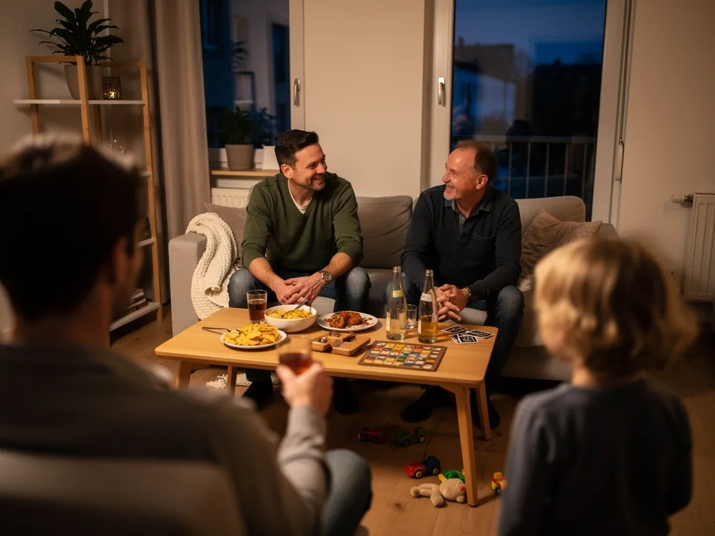 Vier Männer sitzen abends im Wohnzimmer mit Snacks, Getränken und Spielbrett; Spielzeug liegt unter dem Tisch.