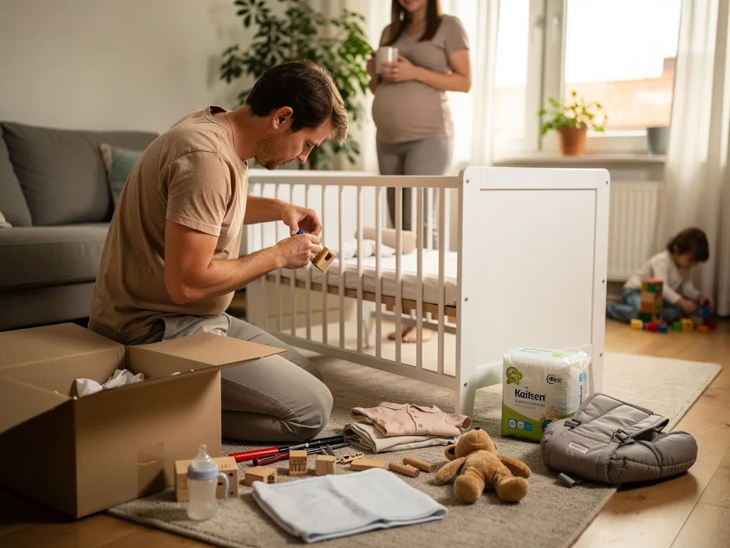 Werdender Vater baut ein Babybett auf, während seine schwangere Partnerin im Wohnzimmer zusieht.