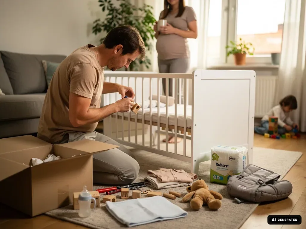Werdender Vater baut ein Babybett auf, während seine schwangere Partnerin im Wohnzimmer zusieht.