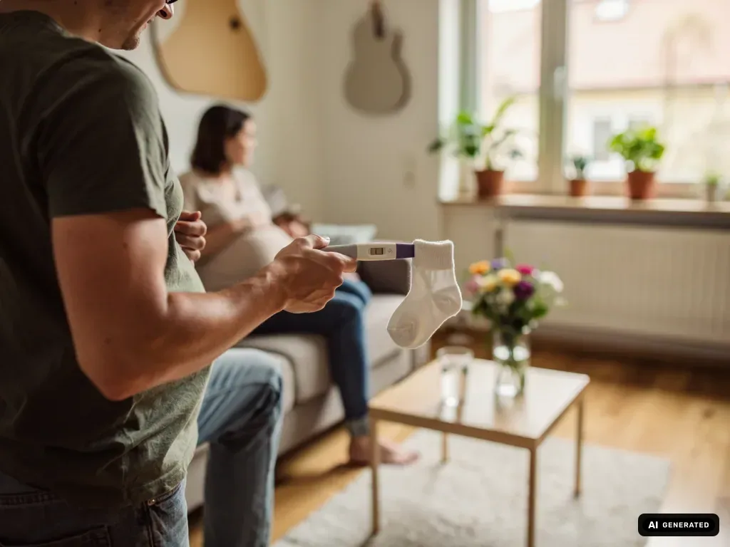 Werdender Vater hält positiven Schwangerschaftstest mit Babysocke, schwangere Partnerin sitzt im Wohnzimmer.