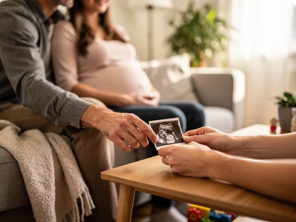 Werdender Vater zeigt auf ein Ultraschallbild, während die schwangere Partnerin im Wohnzimmer sitzt.