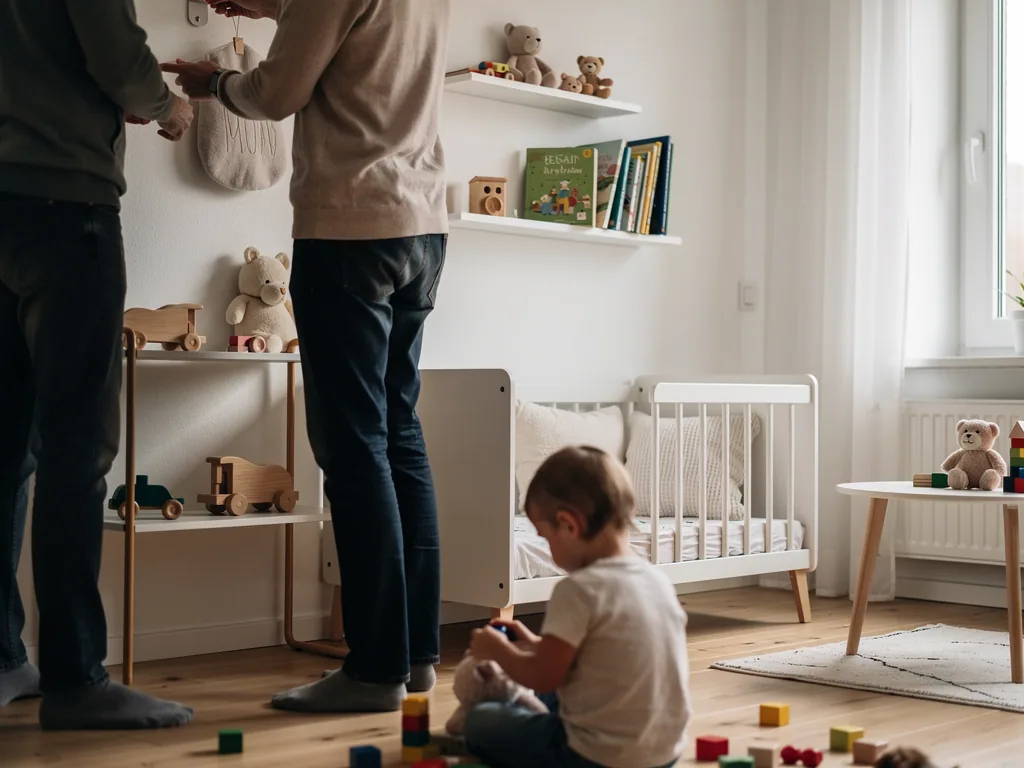 Zwei Erwachsene hängen im Kinderzimmer Deko auf, während ein Kleinkind zwischen Bett, Regal und Spielzeug spielt.