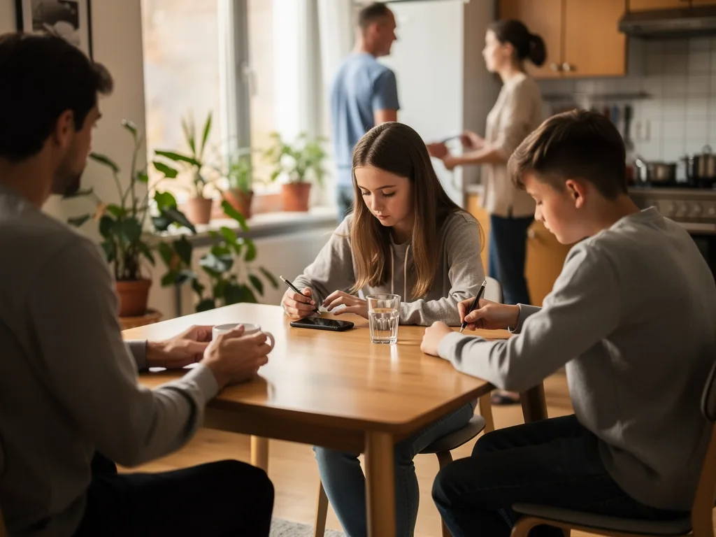 Zwei Jugendliche sitzen am Küchentisch, schreiben und schauen aufs Handy, während Erwachsene im Hintergrund sprechen.