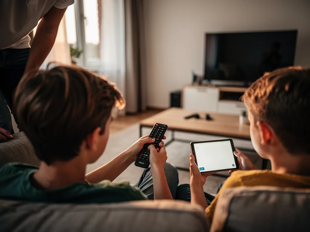 Zwei Jungen auf dem Sofa bedienen Fernbedienung und Tablet vor einem Fernseher im Wohnzimmer.
