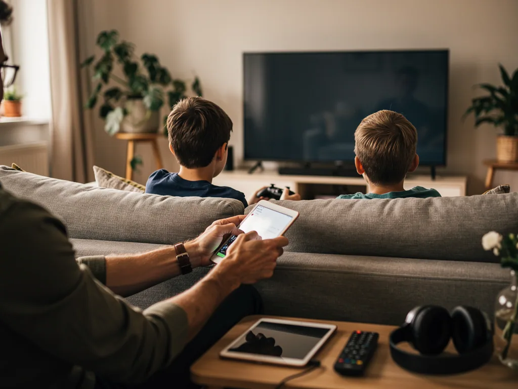 Zwei Jungen sitzen vor einem Fernseher, ein Erwachsener bedient dahinter ein Smartphone; Tablet, Fernbedienung und Kopfhörer liegen auf dem Tisch.