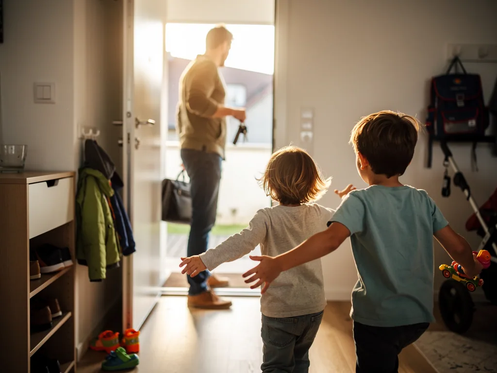 Zwei Kinder laufen mit offenen Armen zur Haustür, wo ihr Vater mit Tasche und Schlüsseln ankommt.