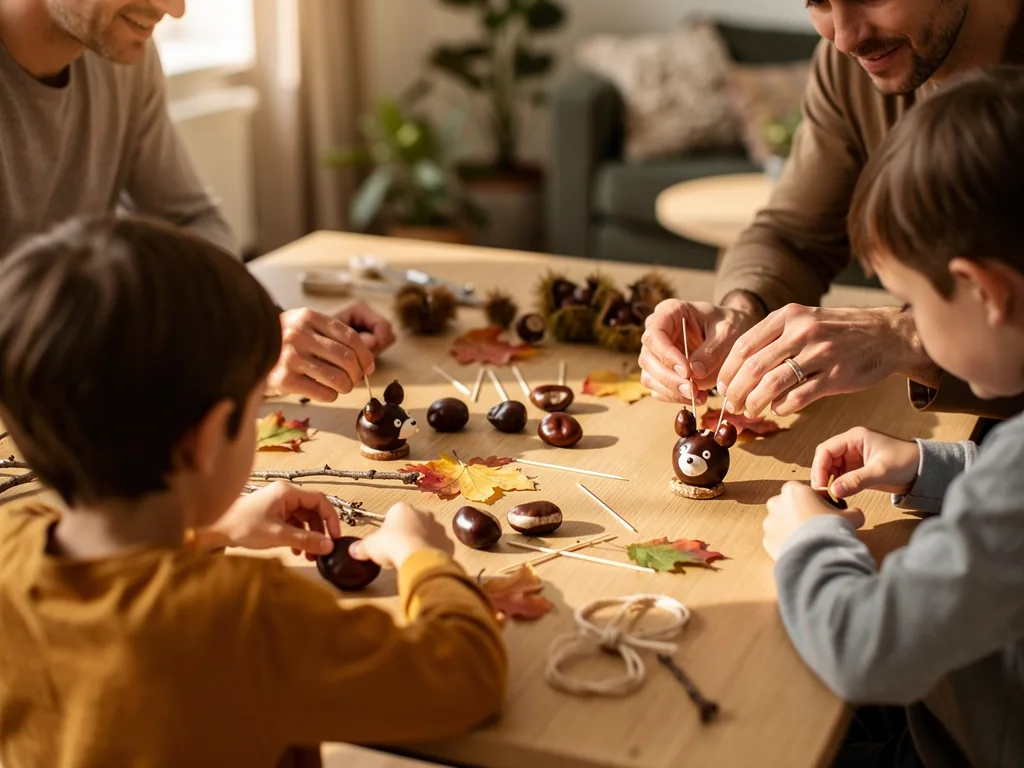 Zwei Väter basteln mit zwei Kindern am Tisch Kastanientiere aus Kastanien, Zahnstochern und Herbstblättern.