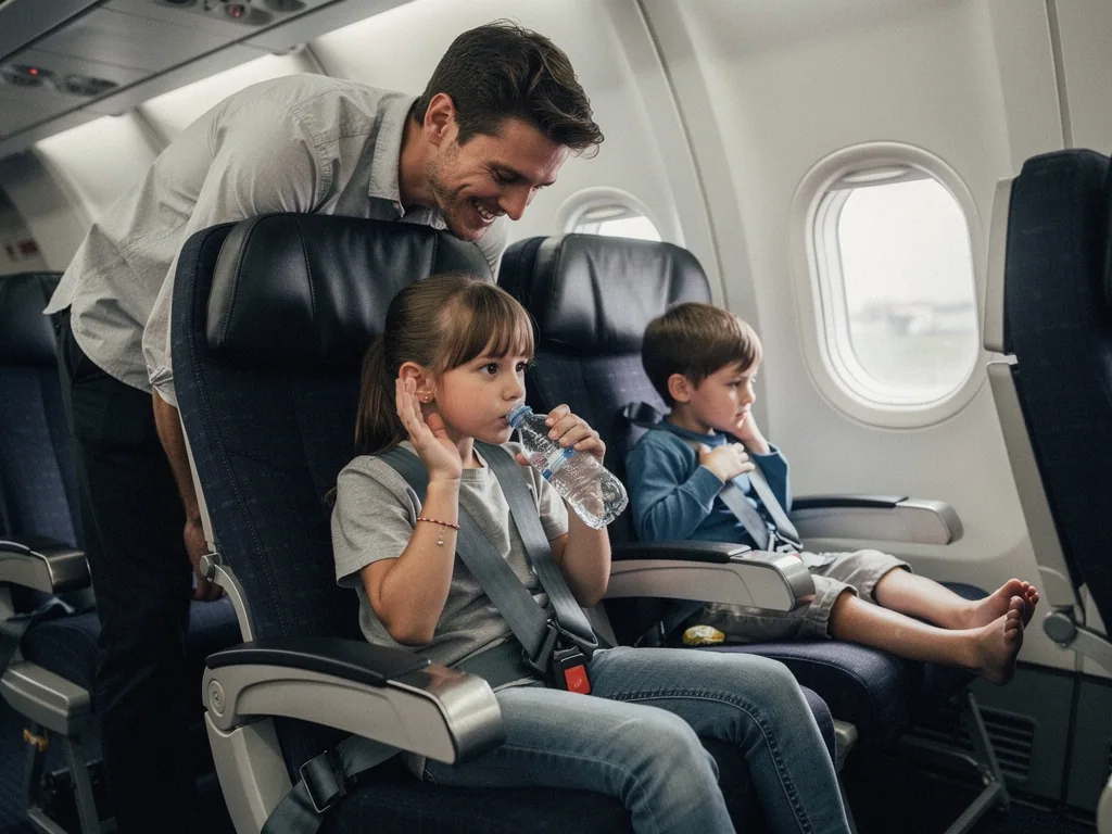 Vater betreut zwei angeschnallte Kinder im Flugzeug; ein Mädchen trinkt Wasser und hält sich ans Ohr.
