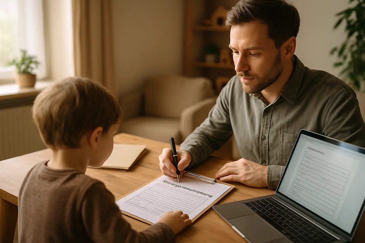 Vater füllt am Tisch ein Kindergarten-Formular aus, daneben sitzt sein Kind und ein Laptop zeigt eine Online-Anmeldung.