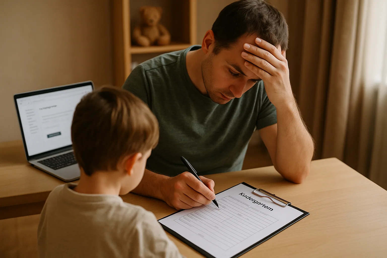 Vater füllt angespannt ein Kindergarten-Formular aus, während sein Kind am Tisch sitzt und ein Laptop geöffnet ist.