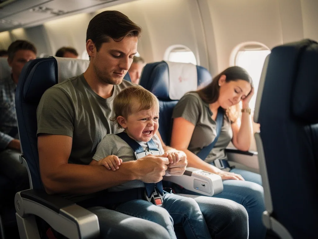 Vater hält ein weinendes Kleinkind im Flugzeugsitz, während eine Mutter daneben erschöpft am Fenster sitzt.