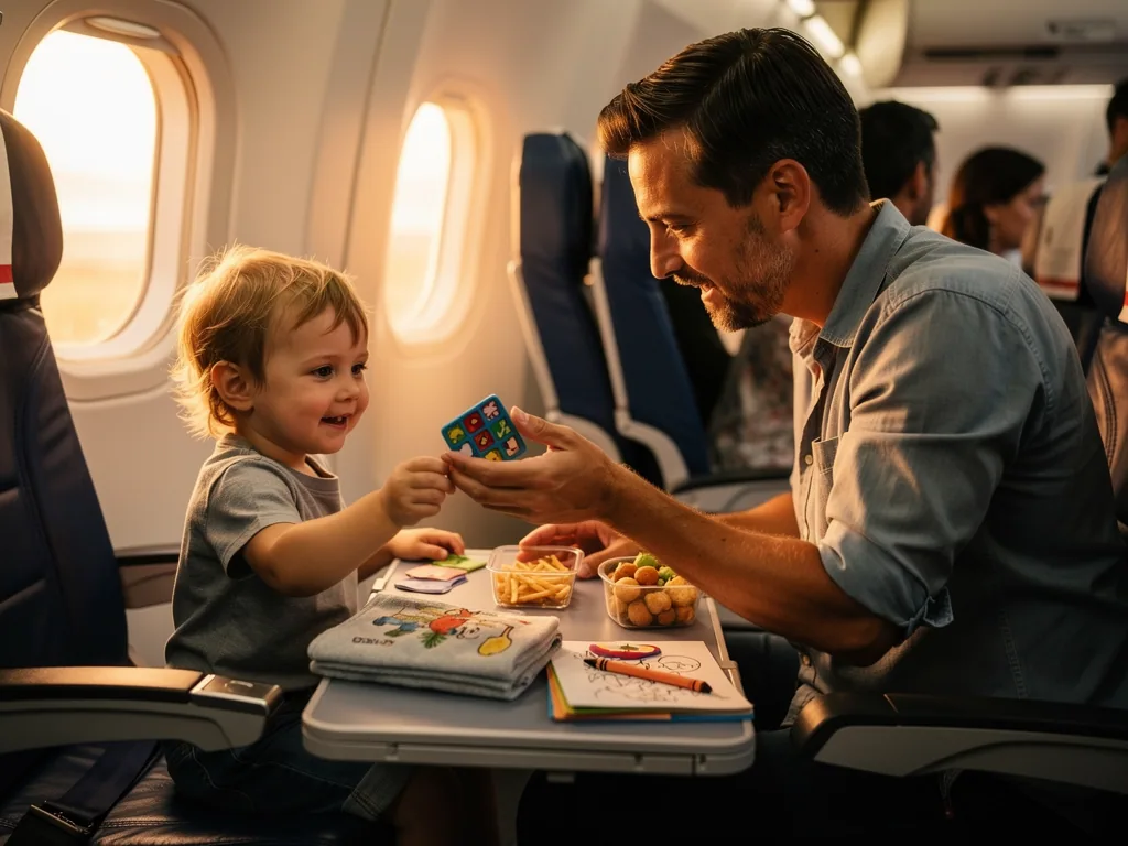 Vater spielt im Flugzeug mit Kleinkind am Klapptisch, daneben Snacks, Malheft und Beschäftigungsspiel.