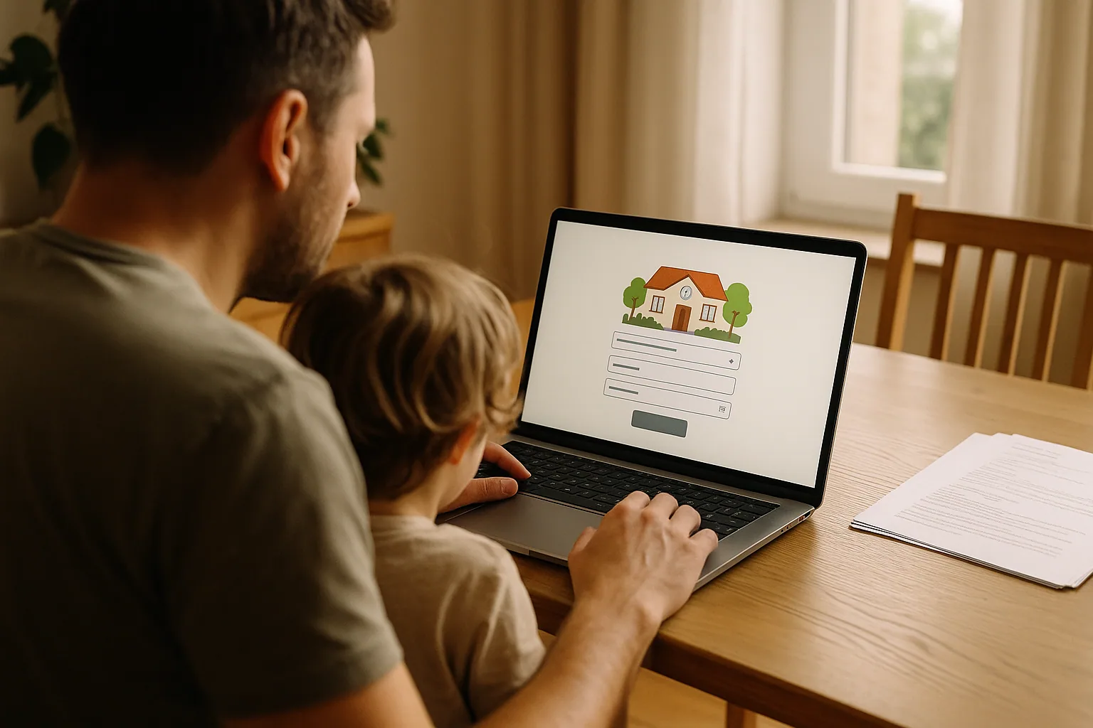 Vater und Kind sitzen am Laptop mit Online-Formular zur Kindergarten-Anmeldung auf einem Kita-Portal.